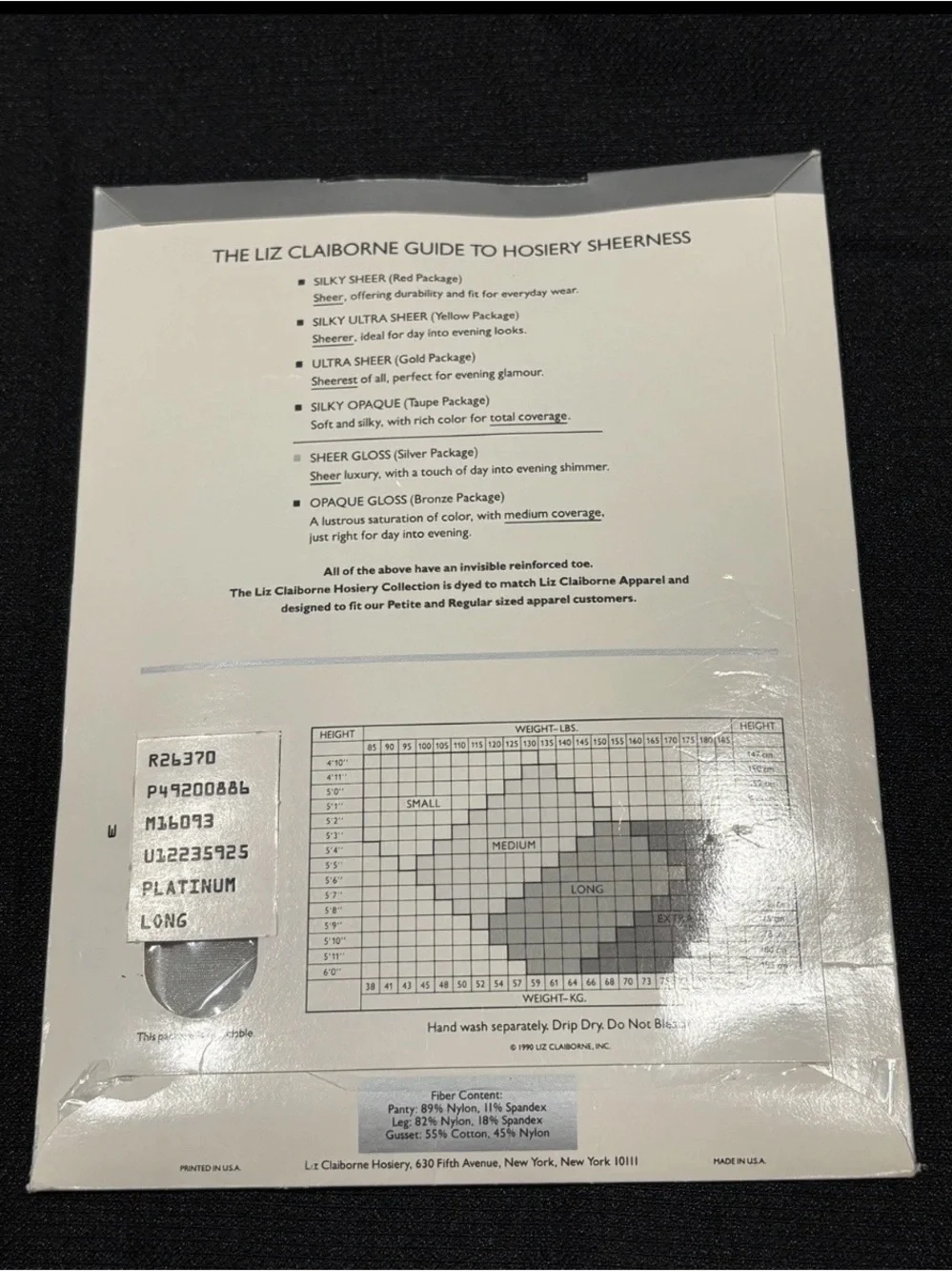 Vintage Liz Claiborne Sheer Gloss Control Top Long Pantyhose in Platinum NIP